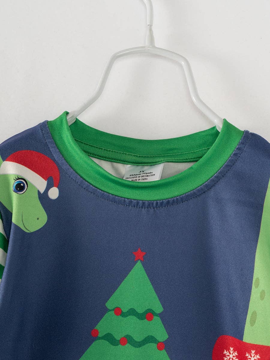 Christmas Tree Blue Stripe Dinosaur Boy Top