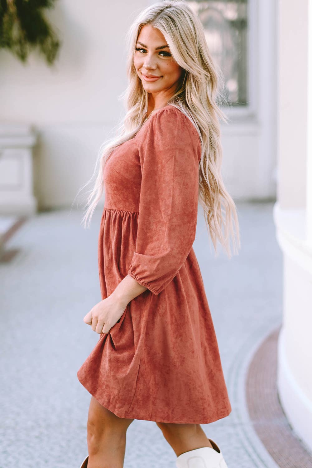 Suede Square Neck Puff Sleeve Dress