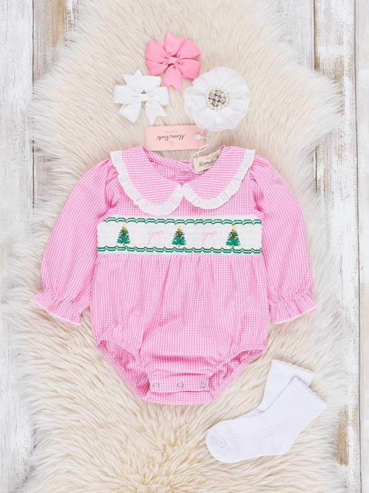 Pink Cotton Smocked Trees Ruffle Bubble