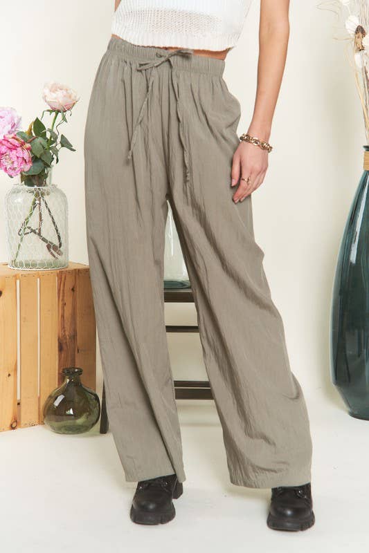 WAIST TIE CRINKLE FLOWY PANTS - Dark Khaki