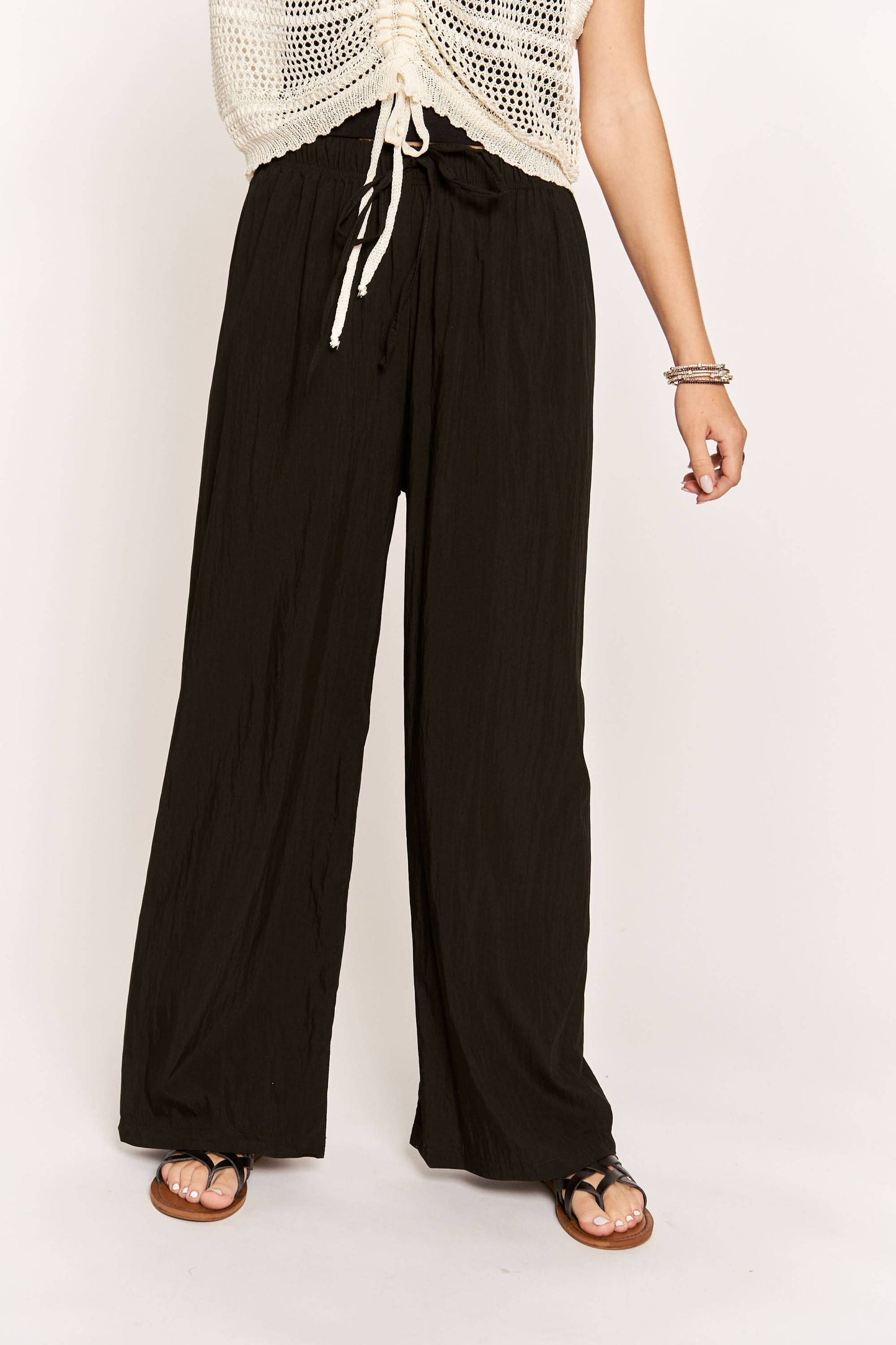 WAIST TIE CRINKLE FLOWY PANTS - Dark Khaki