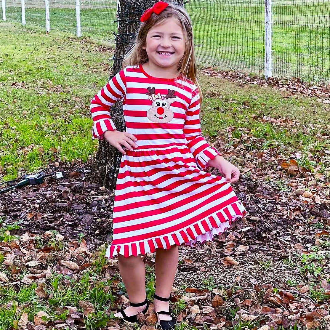 Girls Rudolf the Reindeer Christmas Swing Dress - Red Stripes