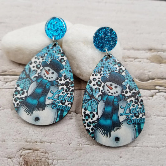 Ice Blue Snowman Wood Earrings