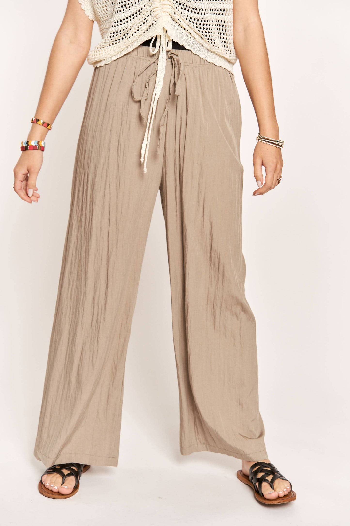 WAIST TIE CRINKLE FLOWY PANTS - Dark Khaki