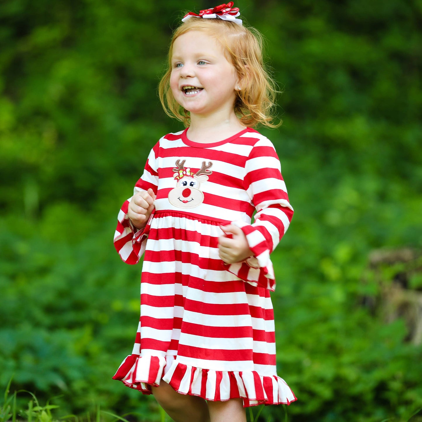 Girls Rudolf the Reindeer Christmas Swing Dress - Red Stripes