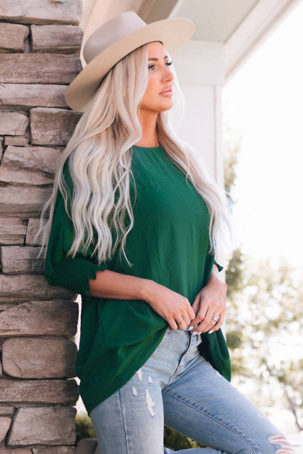 Smocked Wrist Shift Top - Green