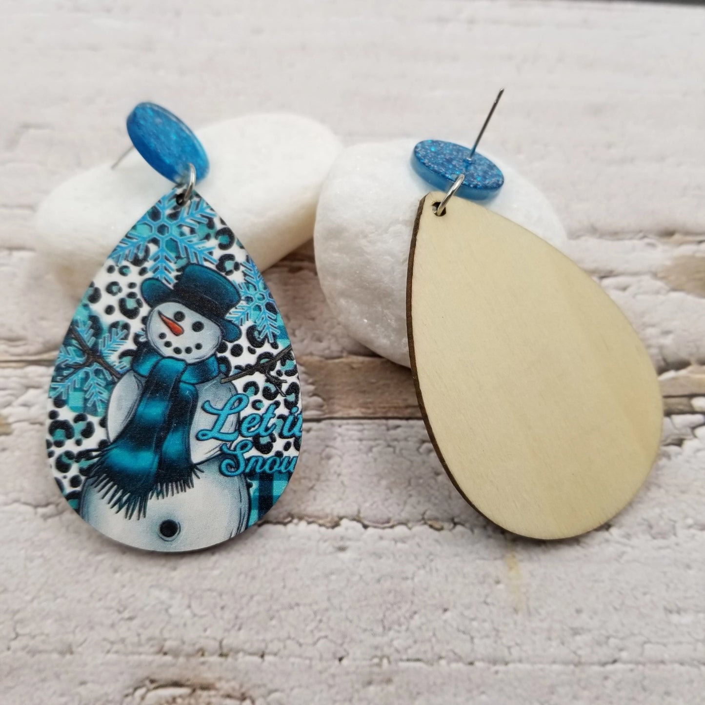 Ice Blue Snowman Wood Earrings