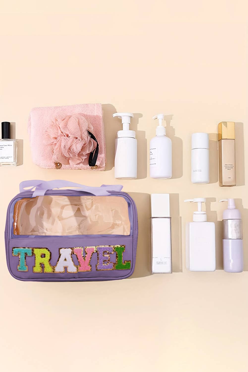 TRAVEL Chenille Letter Clear Makeup Bag