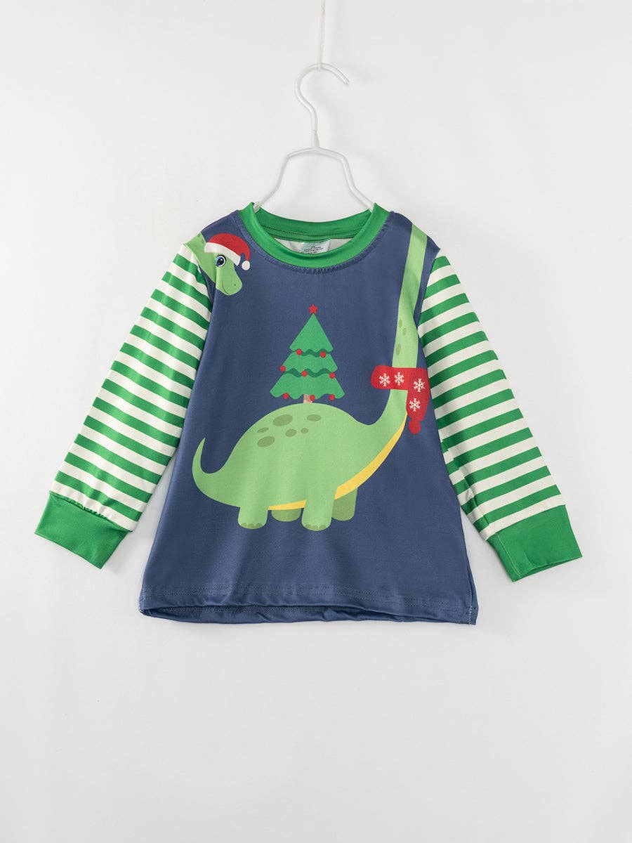 Christmas Tree Blue Stripe Dinosaur Boy Top