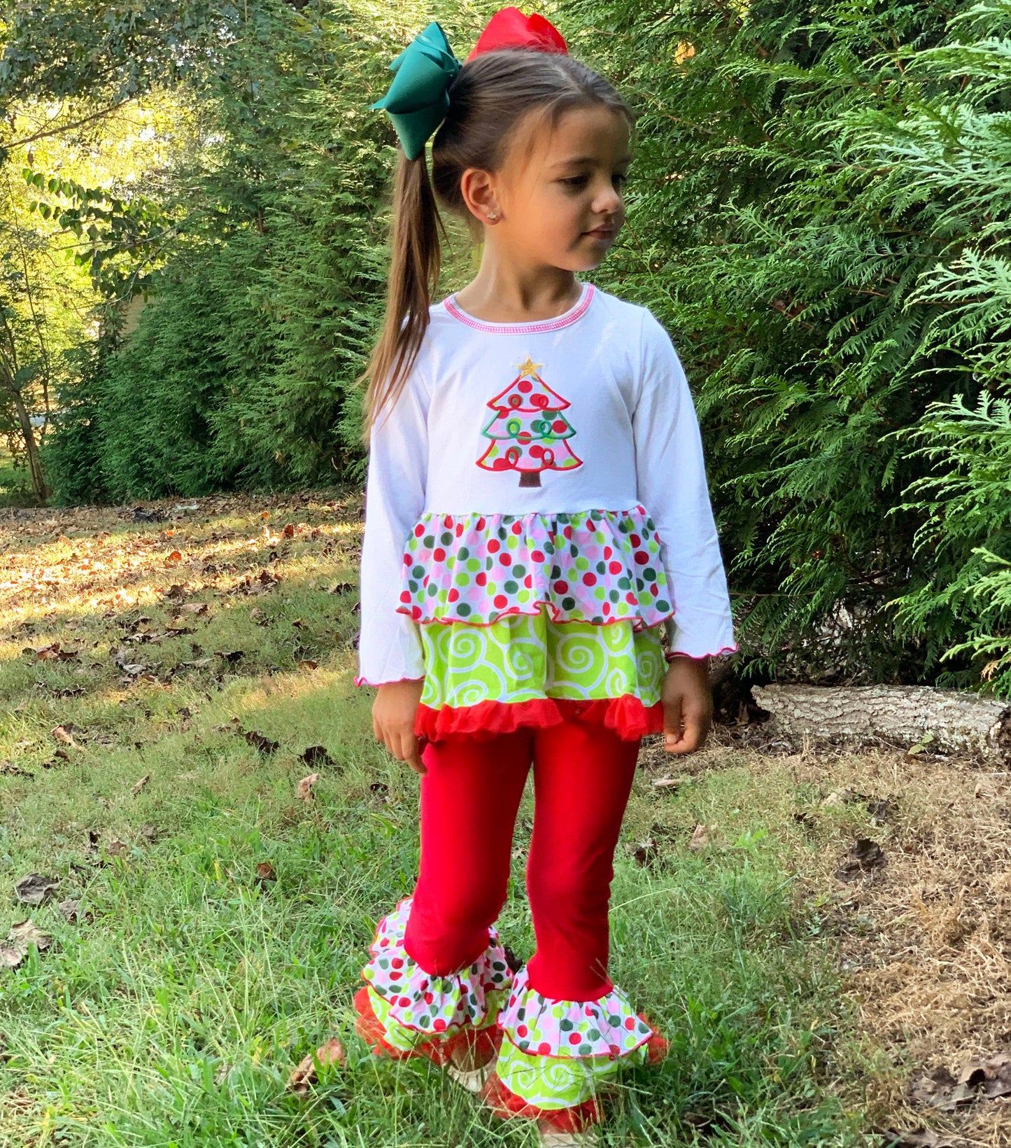 Girls Christmas Tree Rumba Tunic & Ruffle Pants - Red