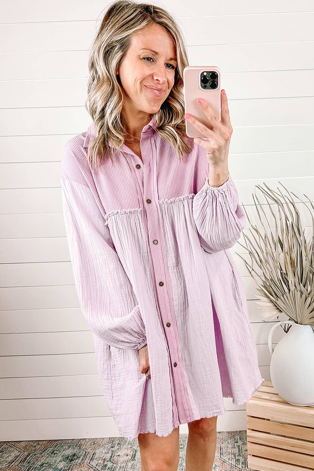 Patchwork Crinkle Puff Sleeve Shirt Dress