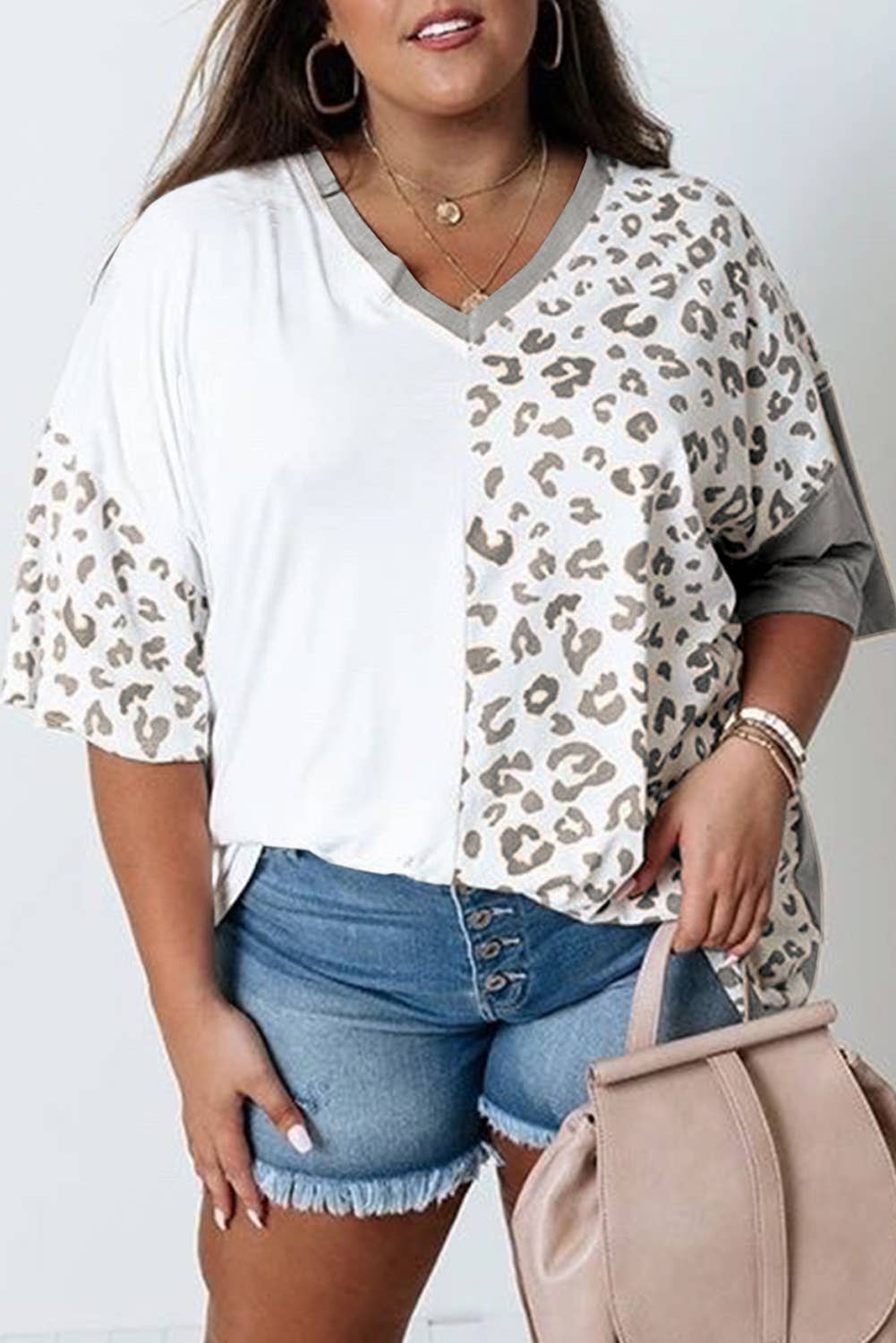 Plus Size Short Sleeve Leopard Patchwork Top - White