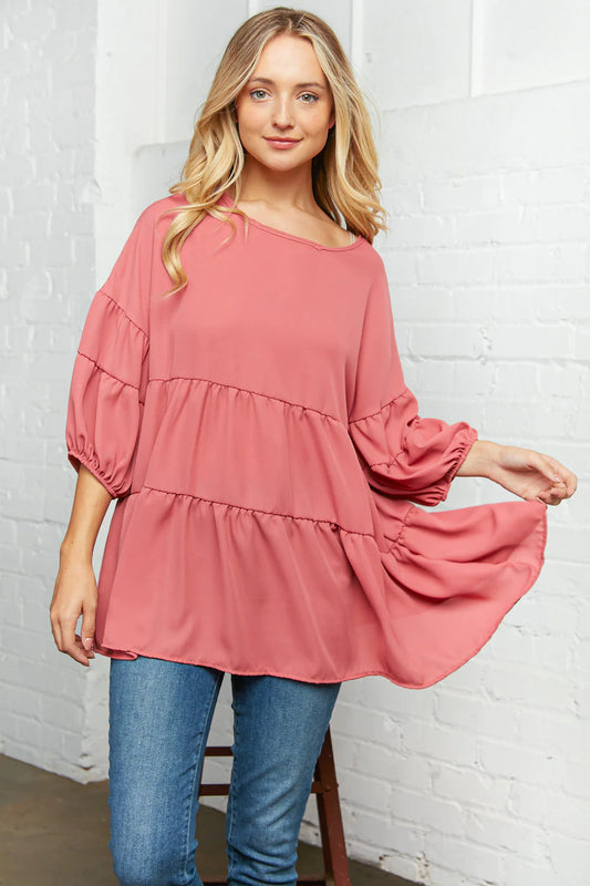 Plus Mauve Wool Dobby Bubble Sleeve Babydoll Blouse