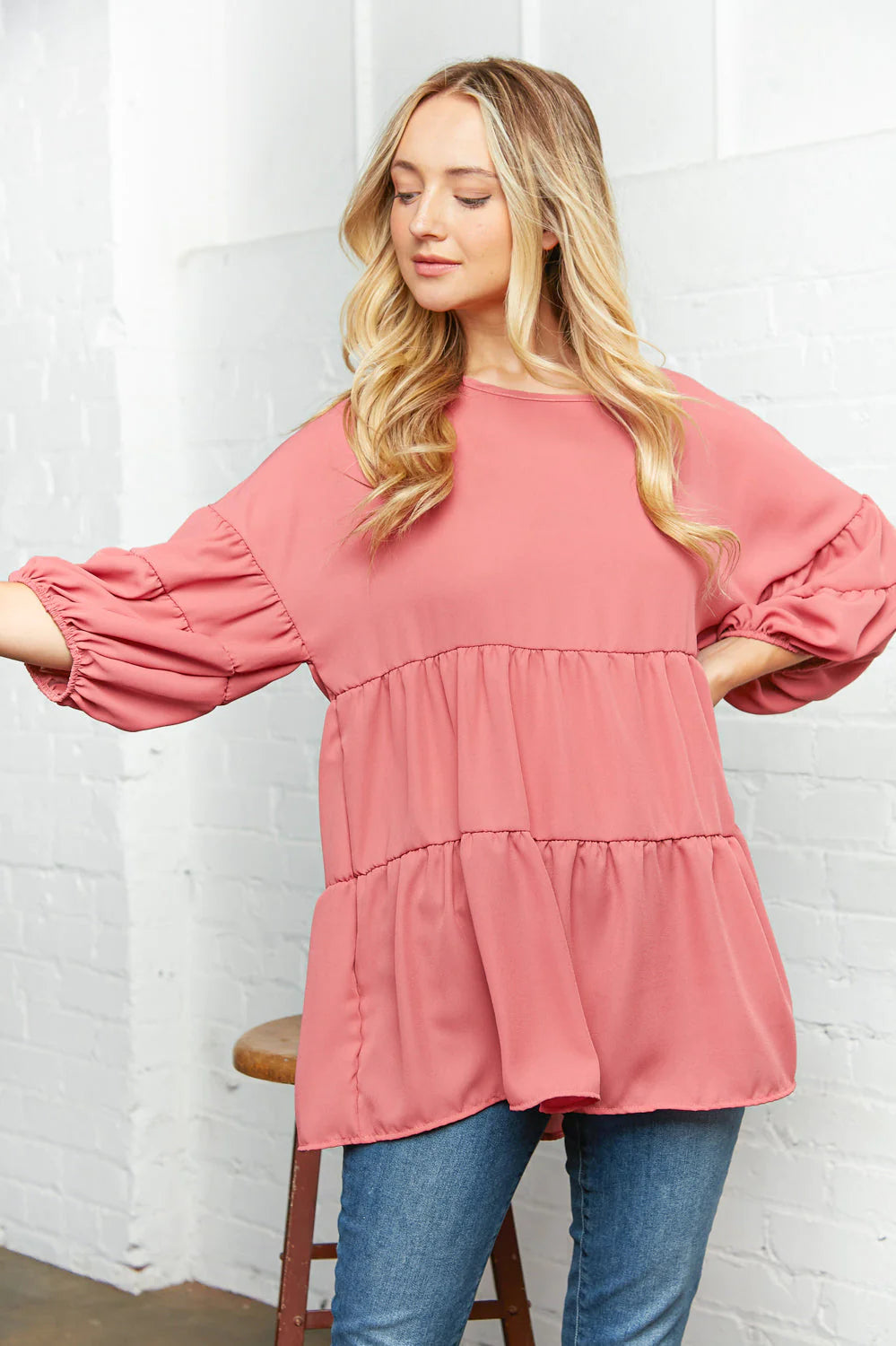 Plus Mauve Wool Dobby Bubble Sleeve Babydoll Blouse