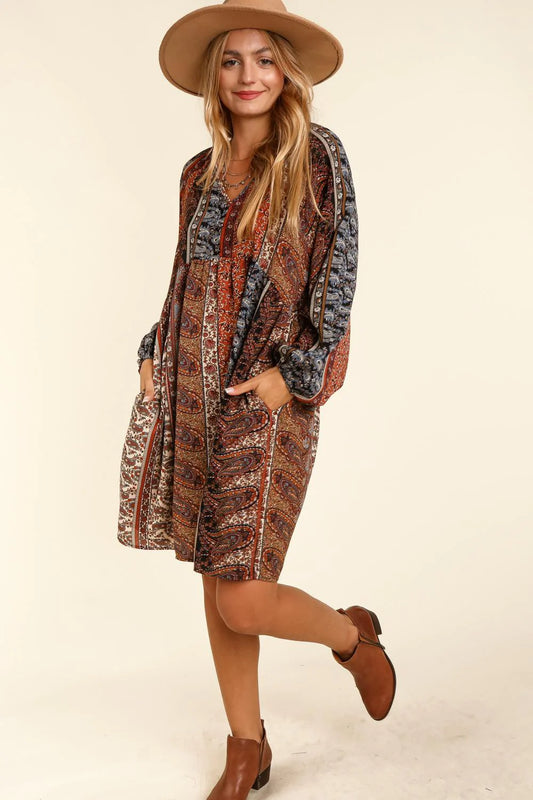 Black Rust V-Neck Vintage Boho Woven Print Dress