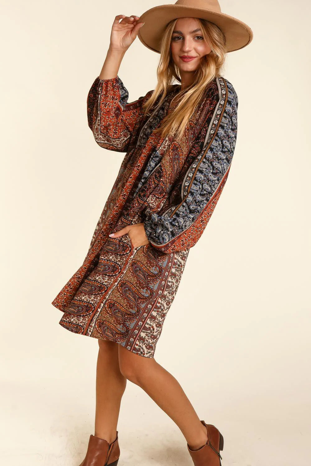 Black Rust V-Neck Vintage Boho Woven Print Dress