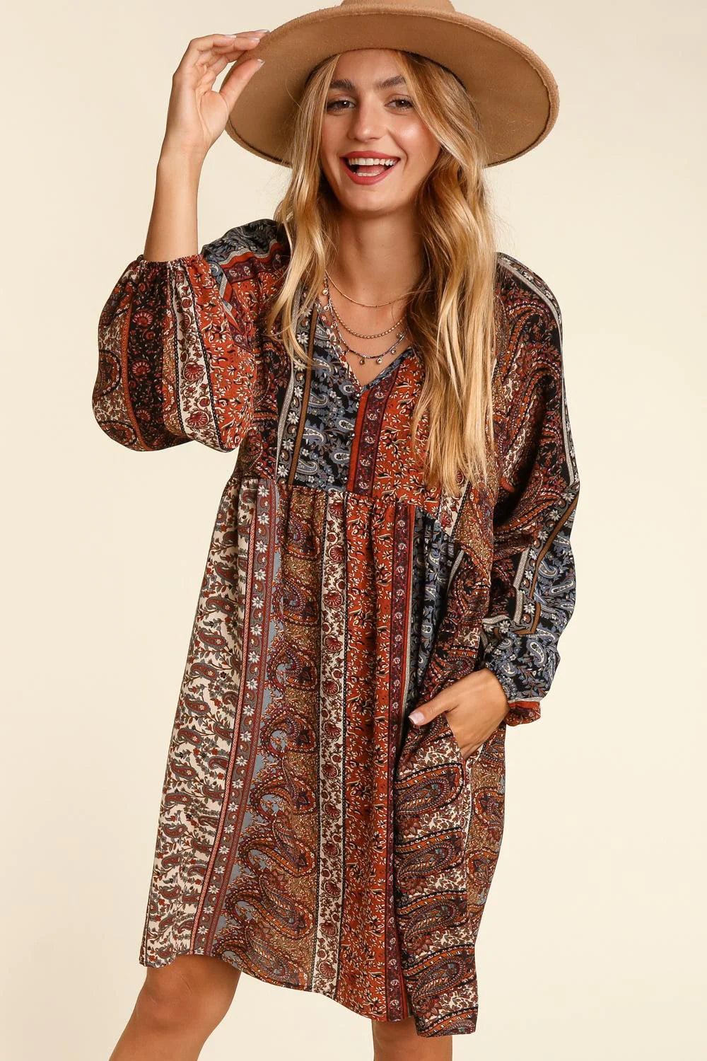 Black Rust V-Neck Vintage Boho Woven Print Dress