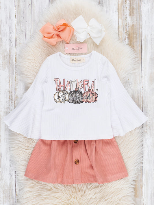 Peach Thankful Pumpkins Outfit w/ Corduroy Skirt