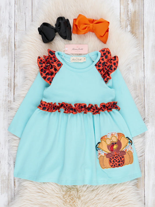 Aqua & Leopard Embroidered Turkey Ruffle Dress