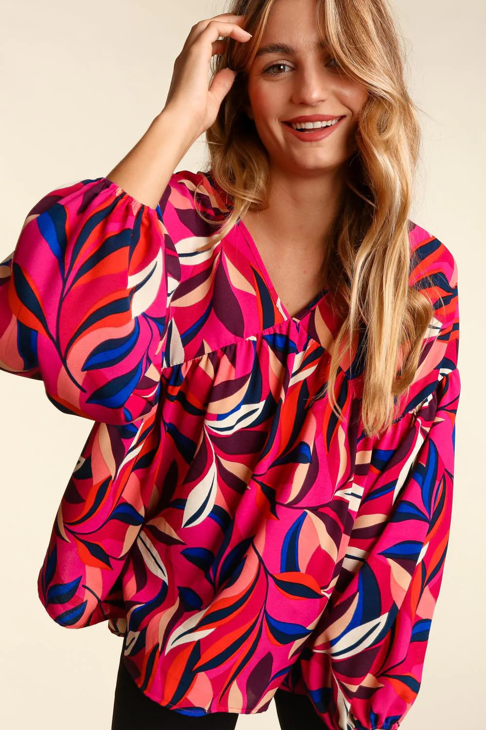 Magenta Babydoll Abstract Print Loose Woven Top