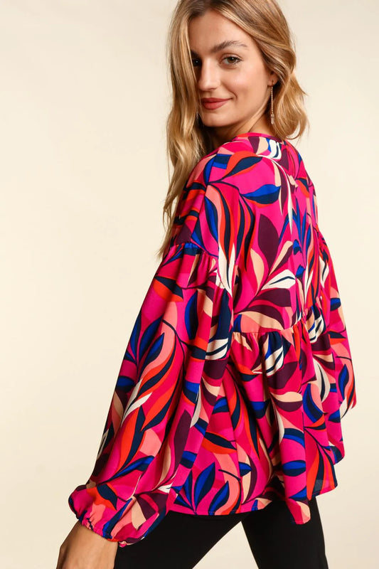 Magenta Babydoll Abstract Print Loose Woven Top