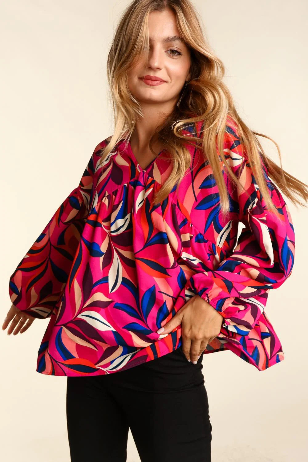 Magenta Babydoll Abstract Print Loose Woven Top