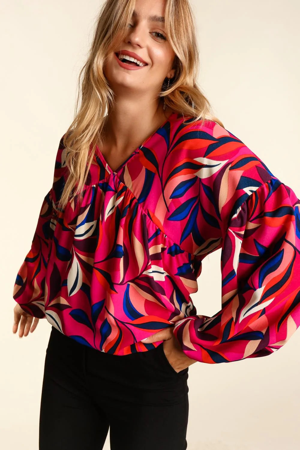 Magenta Babydoll Abstract Print Loose Woven Top