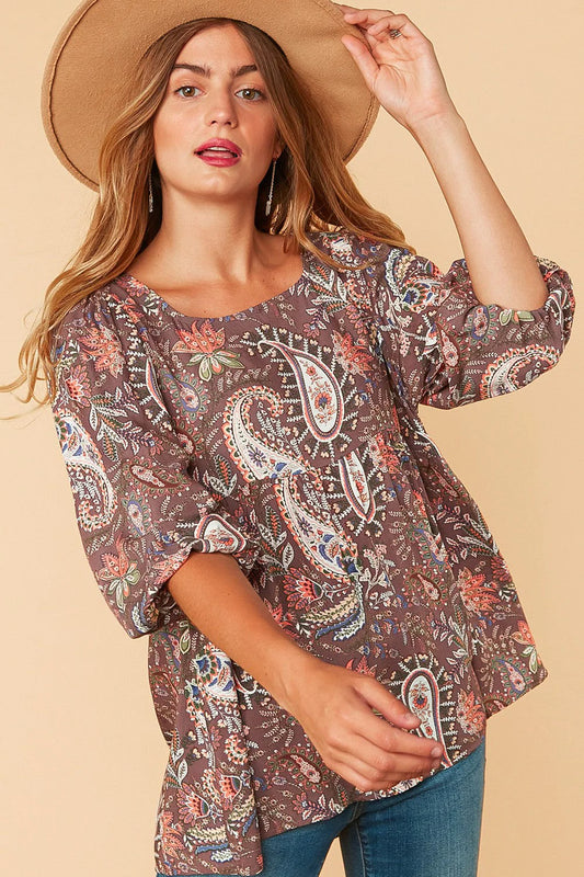 Dark Mauve Paisley Floral Babydoll Challis Woven Top