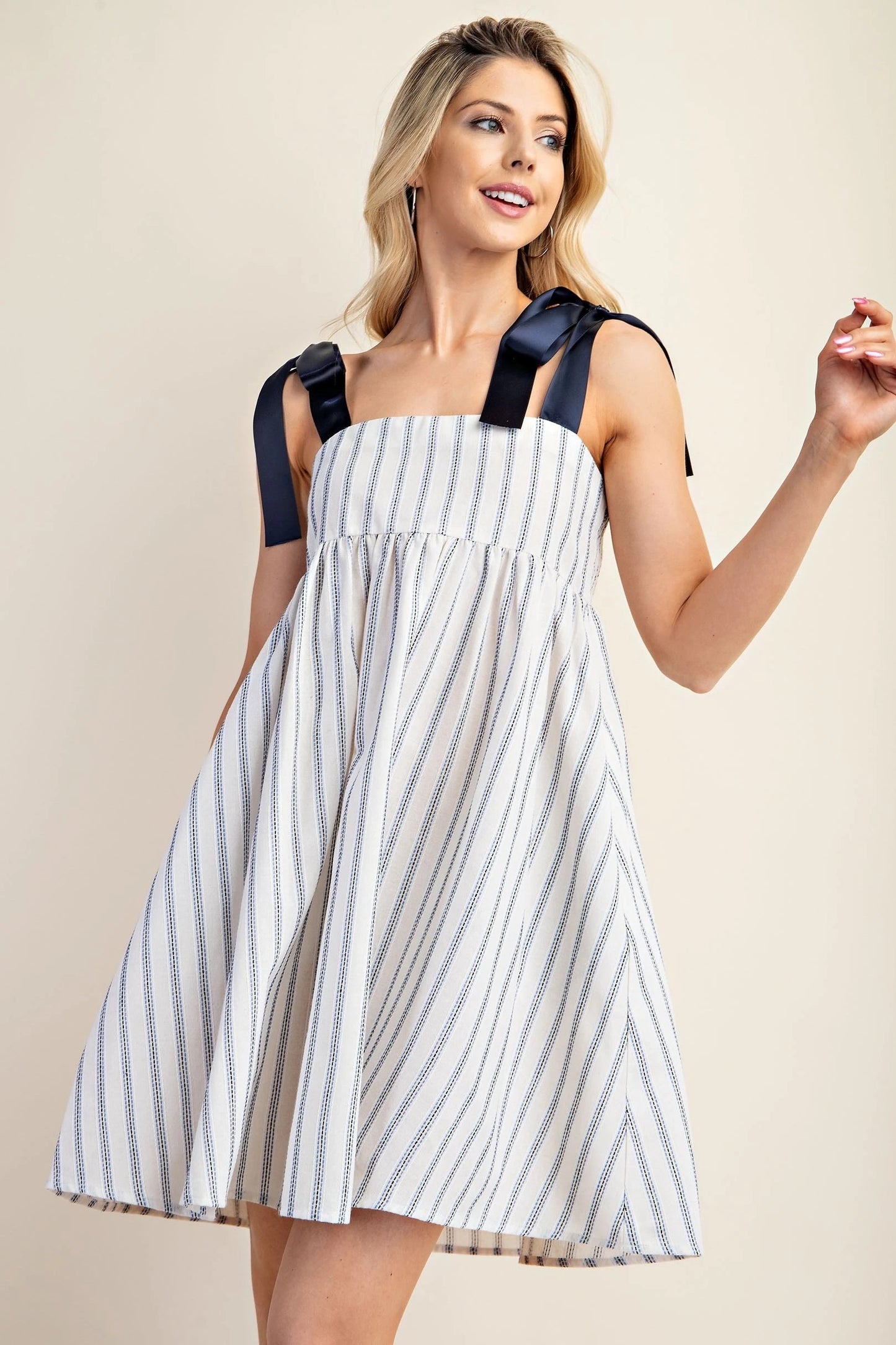 Striped Babydoll Dress with Ribbon Shoulder Ties