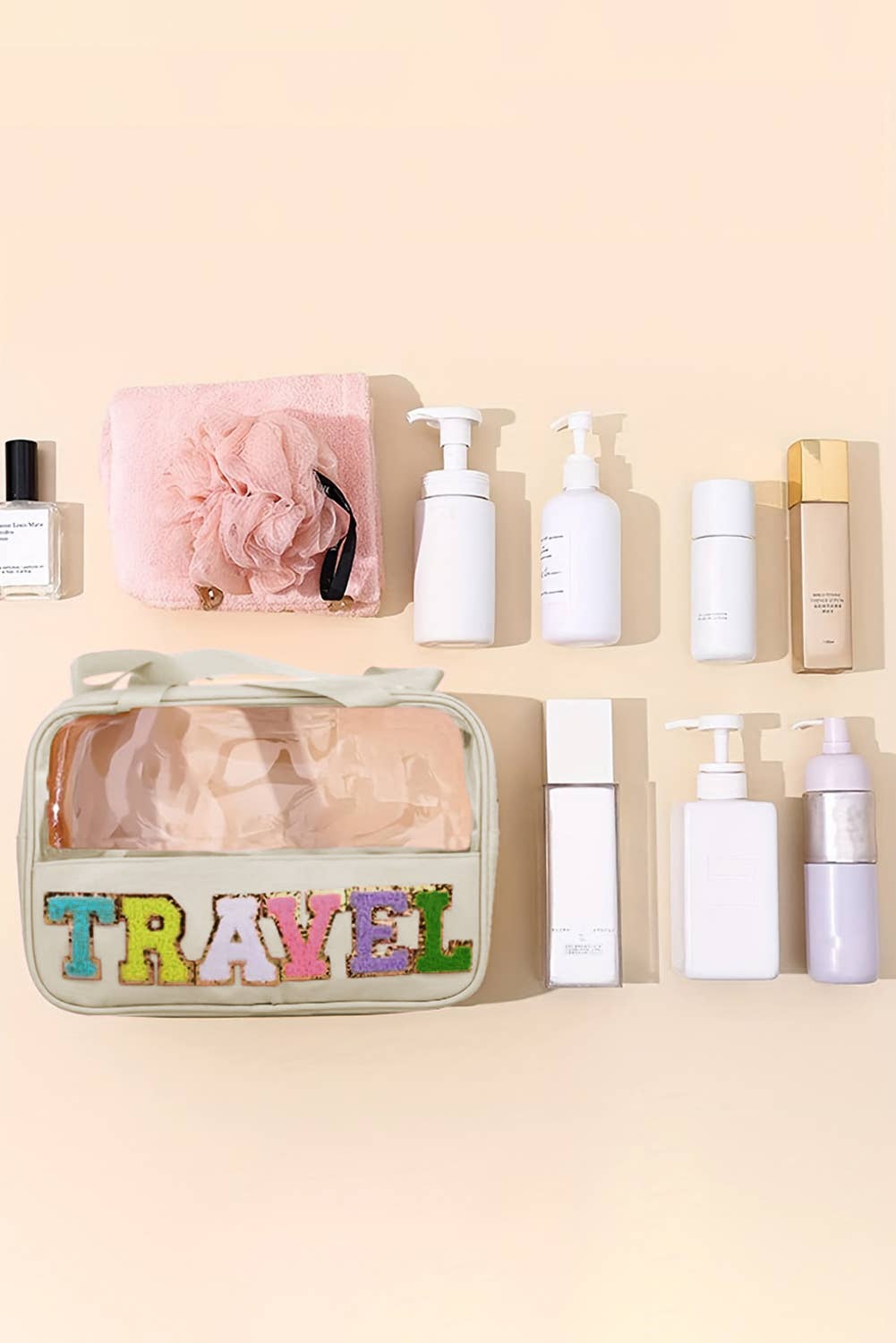 TRAVEL Chenille Letter Clear Makeup Bag