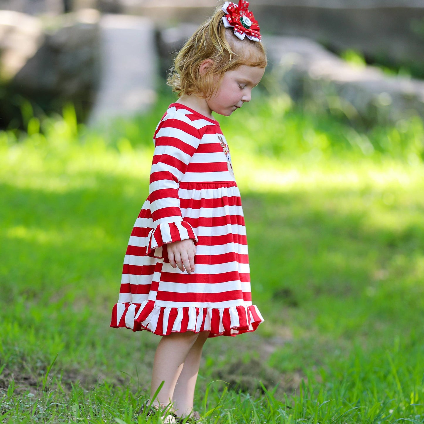 Girls Rudolf the Reindeer Christmas Swing Dress - Red Stripes