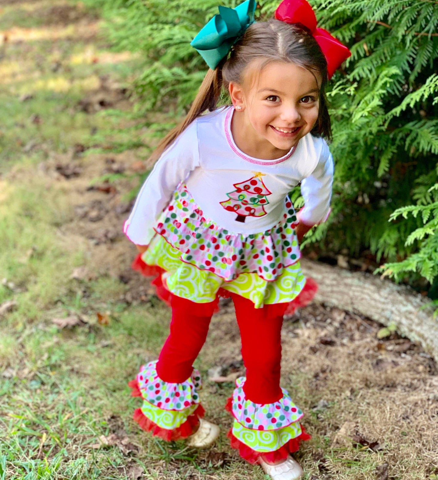 Girls Christmas Tree Rumba Tunic & Ruffle Pants - Red