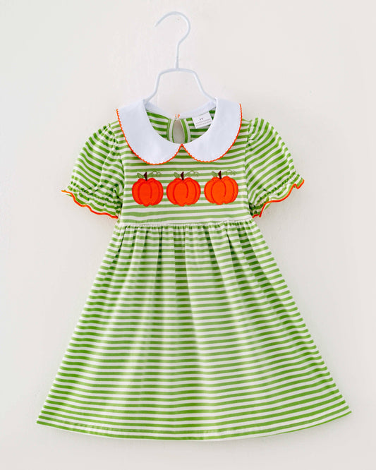 Green Stripe Pumpkin Girl Twirl Dress