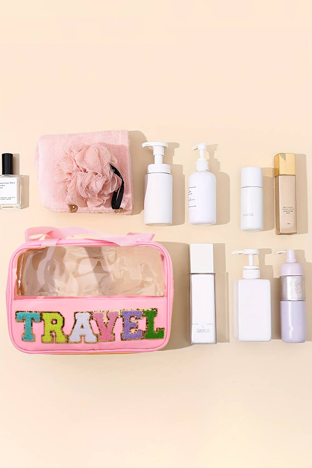 TRAVEL Chenille Letter Clear Makeup Bag