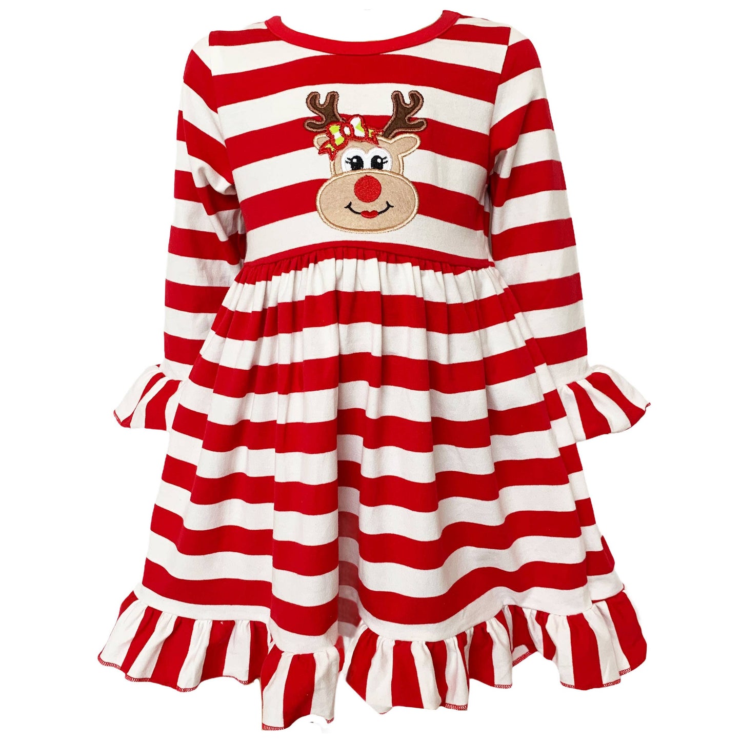 Girls Rudolf the Reindeer Christmas Swing Dress - Red Stripes