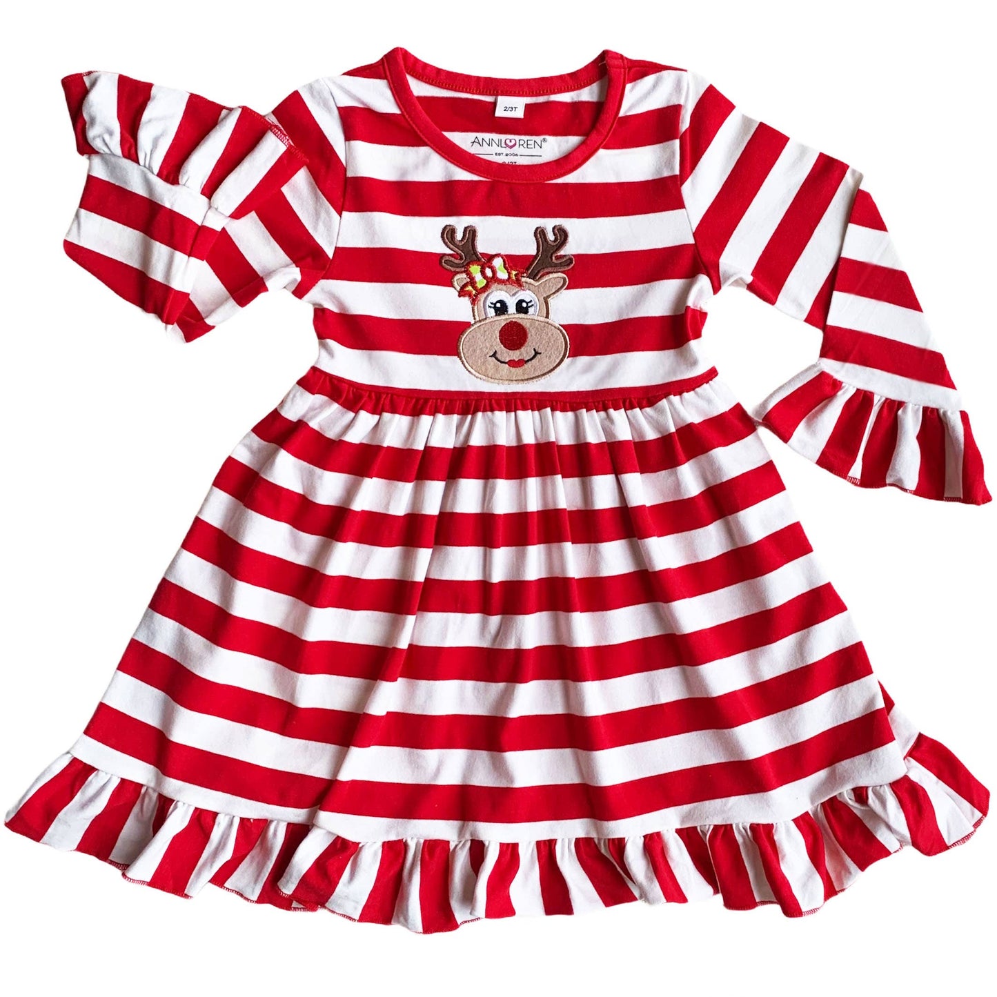 Girls Rudolf the Reindeer Christmas Swing Dress - Red Stripes