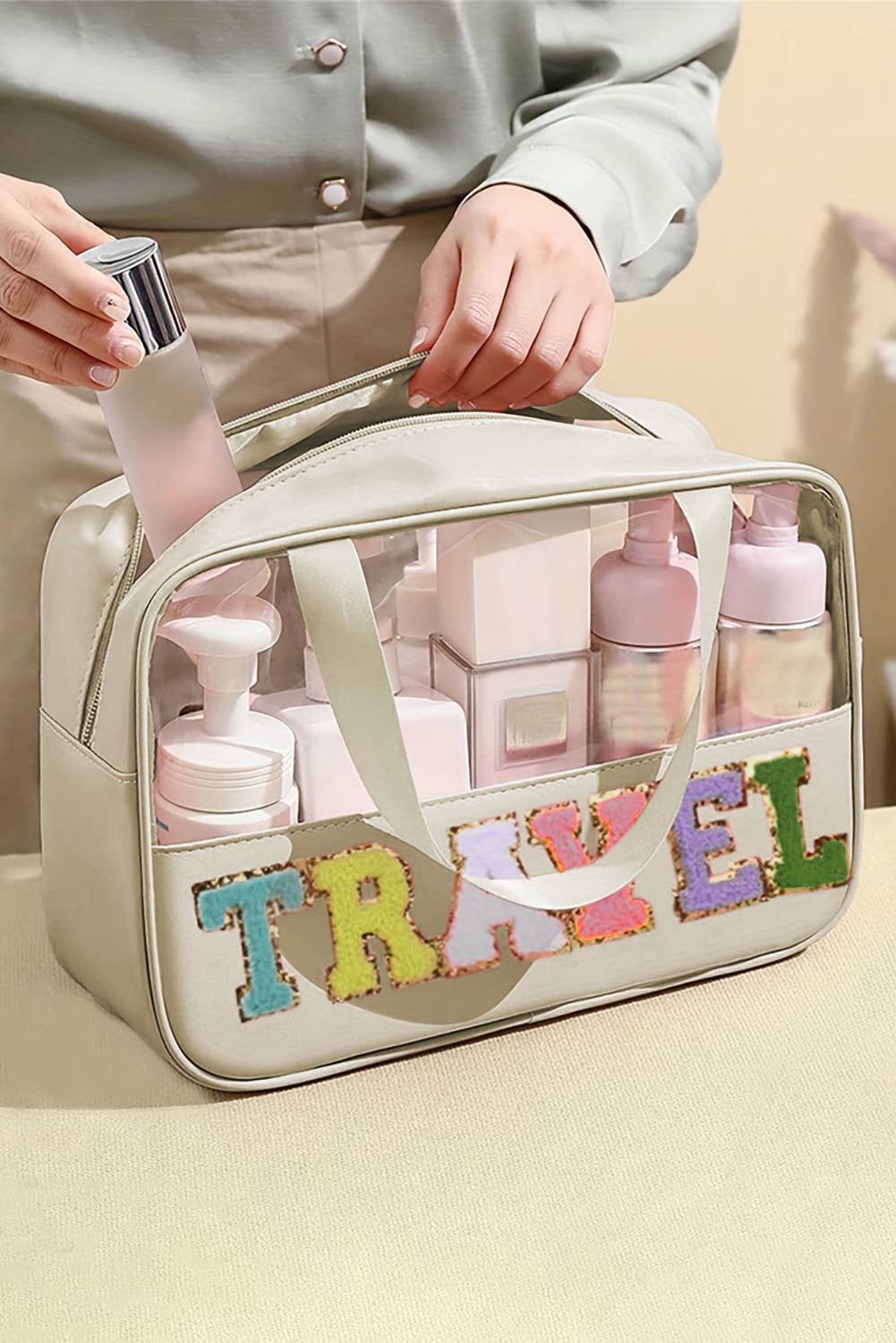 TRAVEL Chenille Letter Clear Makeup Bag