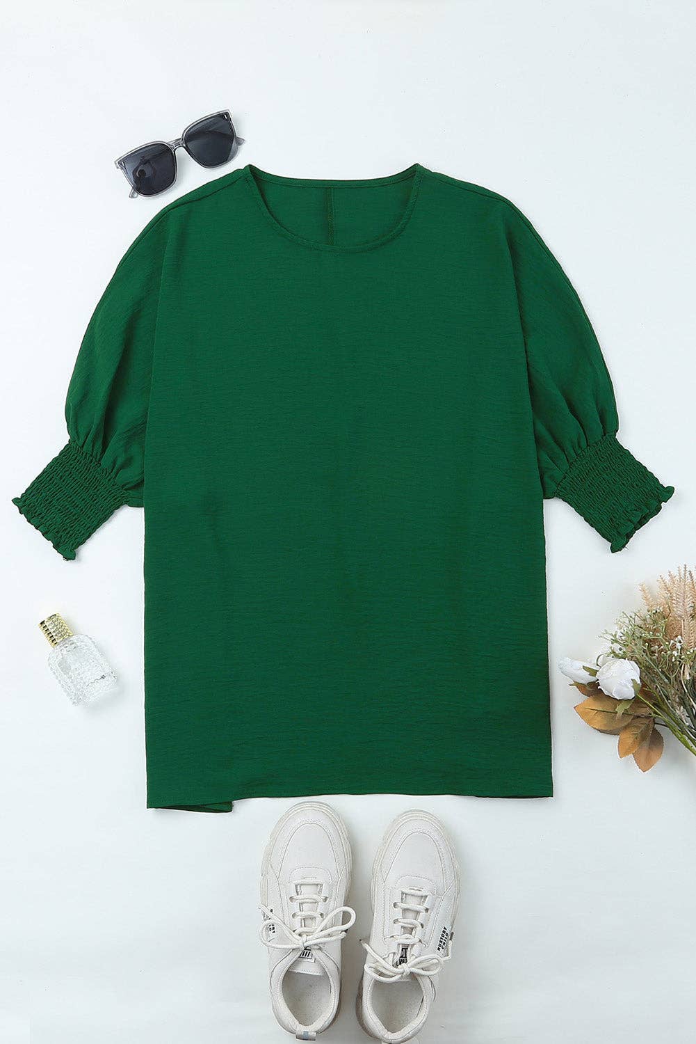 Smocked Wrist Shift Top - Green