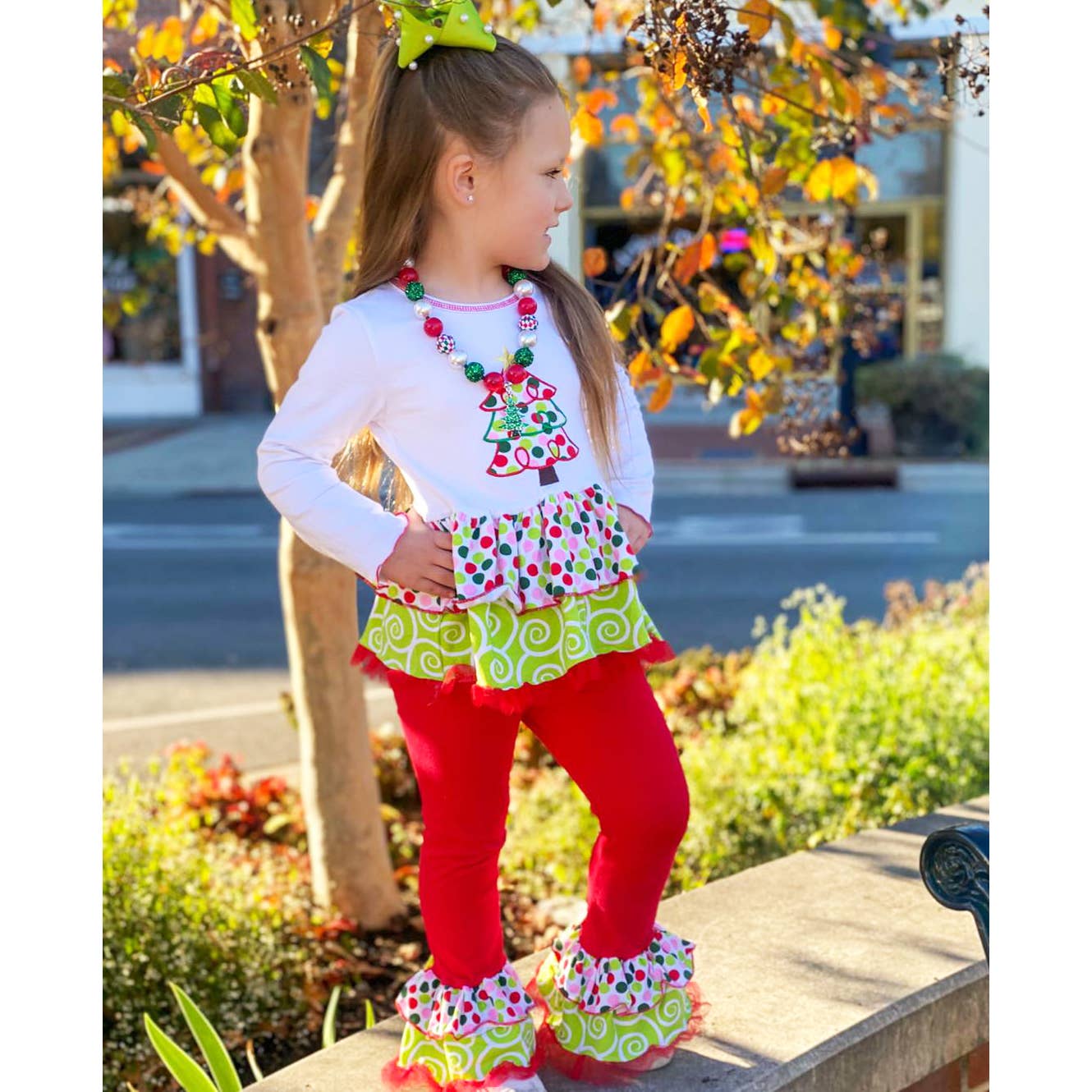 Girls Christmas Tree Rumba Tunic & Ruffle Pants - Red