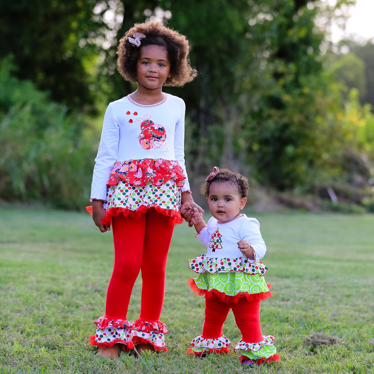 Girls Christmas Tree Rumba Tunic & Ruffle Pants - Red