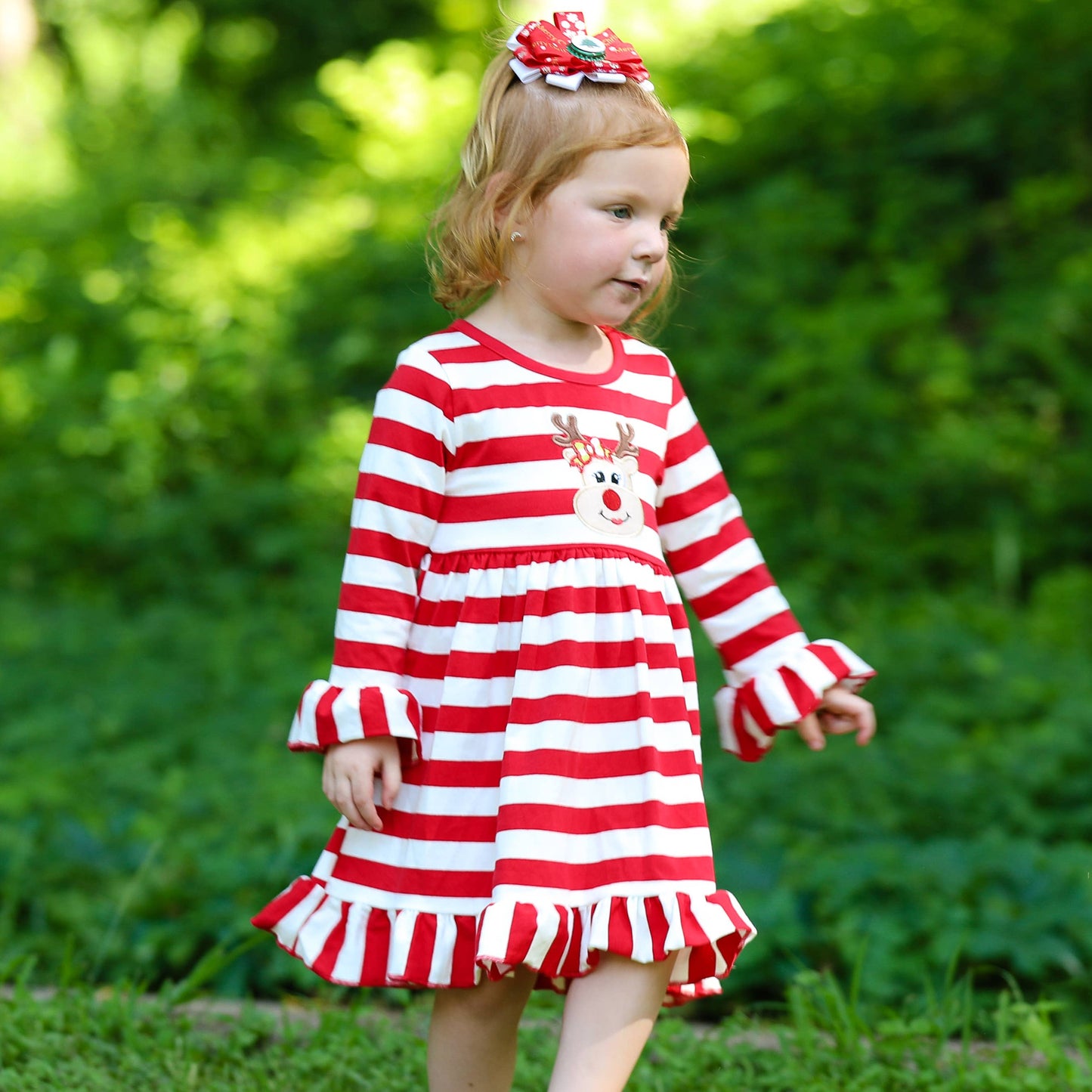 Girls Rudolf the Reindeer Christmas Swing Dress - Red Stripes