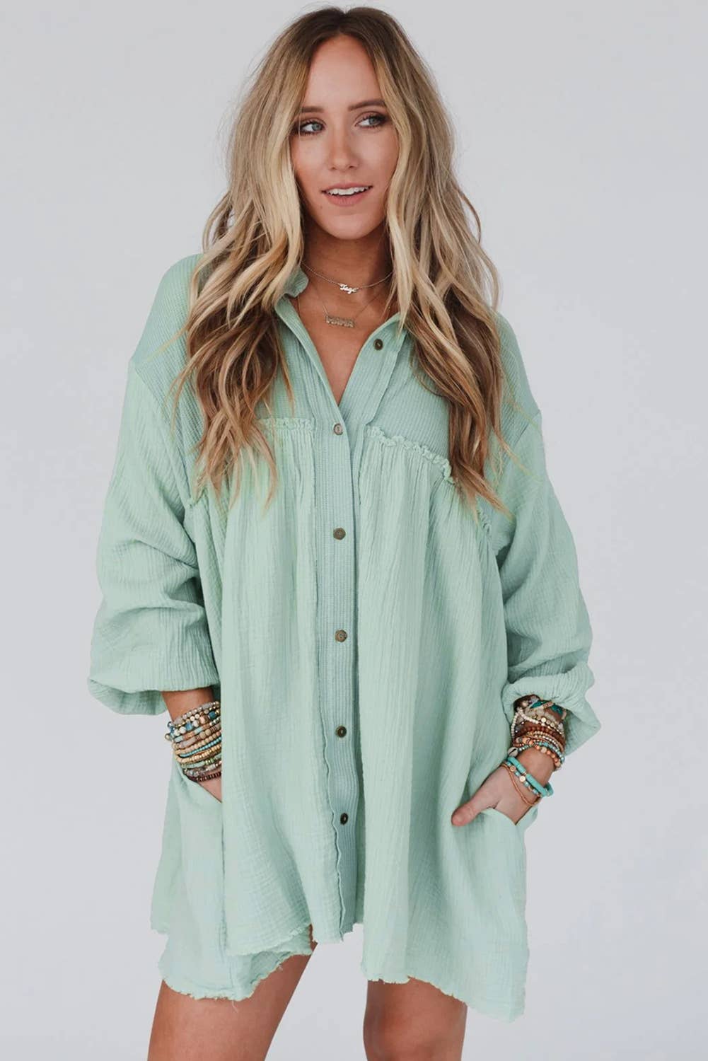 Patchwork Crinkle Puff Sleeve Shirt Dress