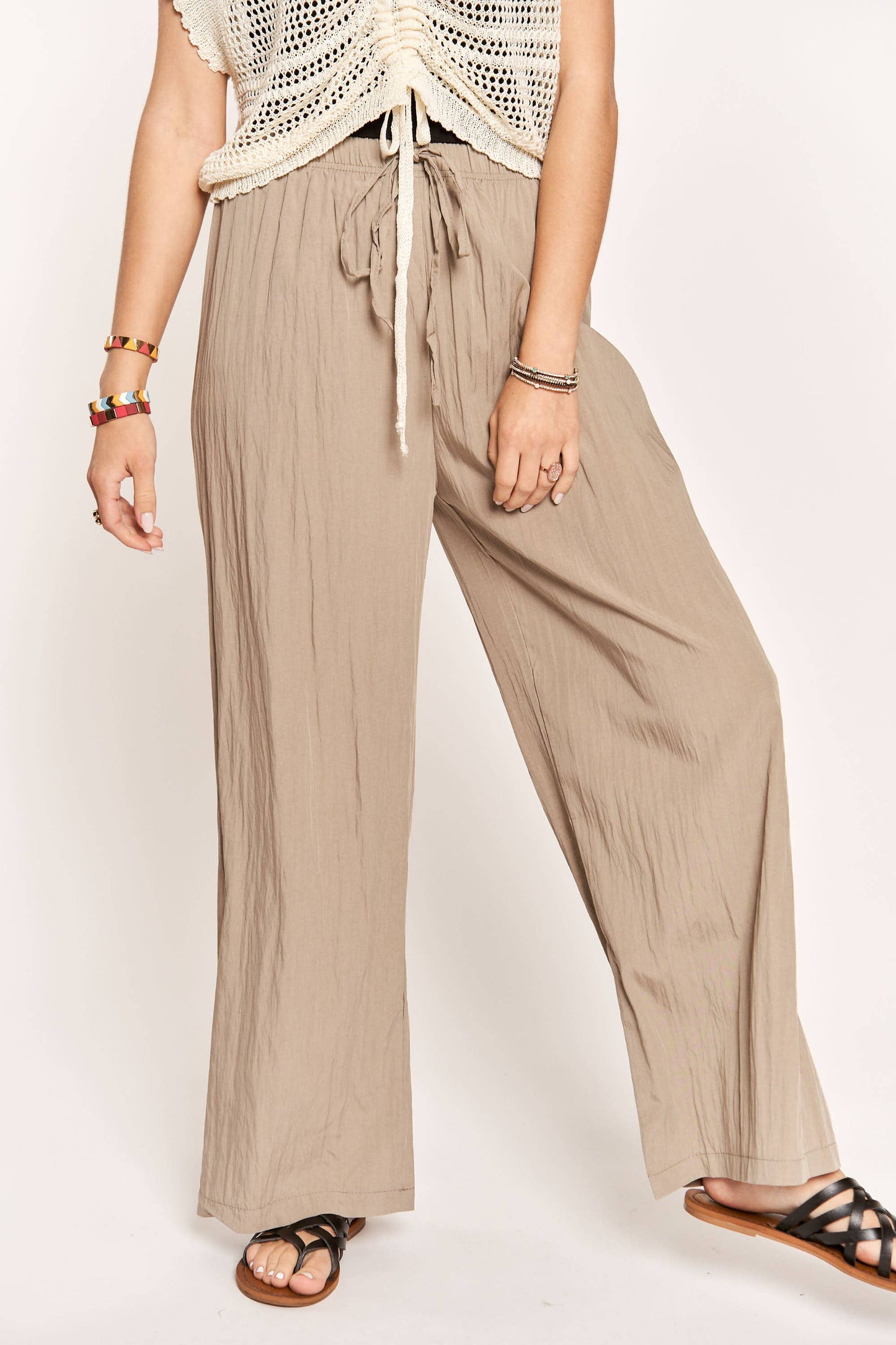 WAIST TIE CRINKLE FLOWY PANTS - Dark Khaki