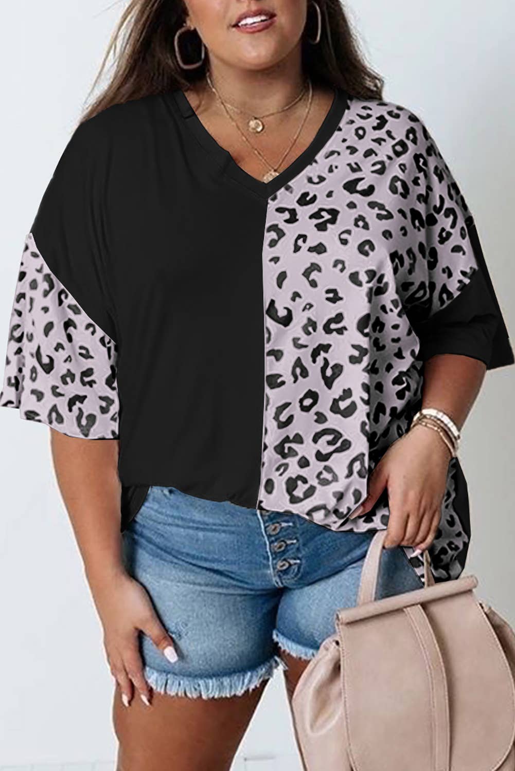 Plus Size Short Sleeve Leopard Patchwork Top - White