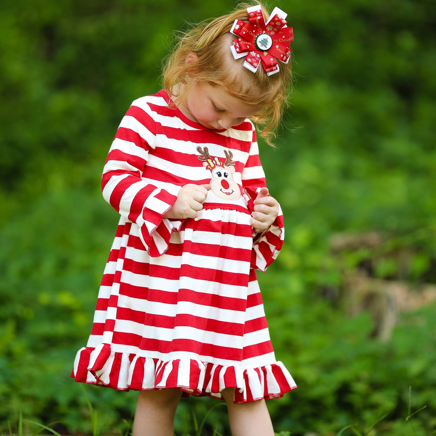 Girls Rudolf the Reindeer Christmas Swing Dress - Red Stripes