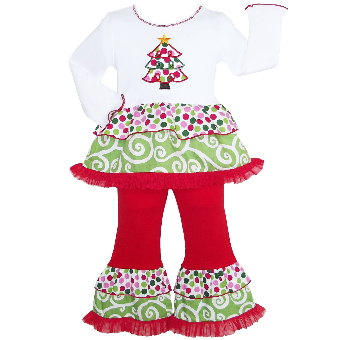 Girls Christmas Tree Rumba Tunic & Ruffle Pants - Red