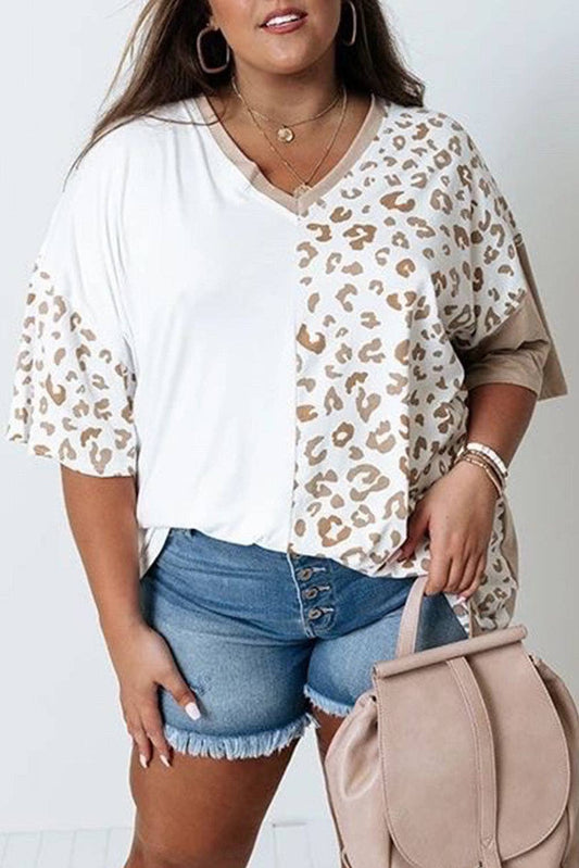 Plus Size Short Sleeve Leopard Patchwork Top - White