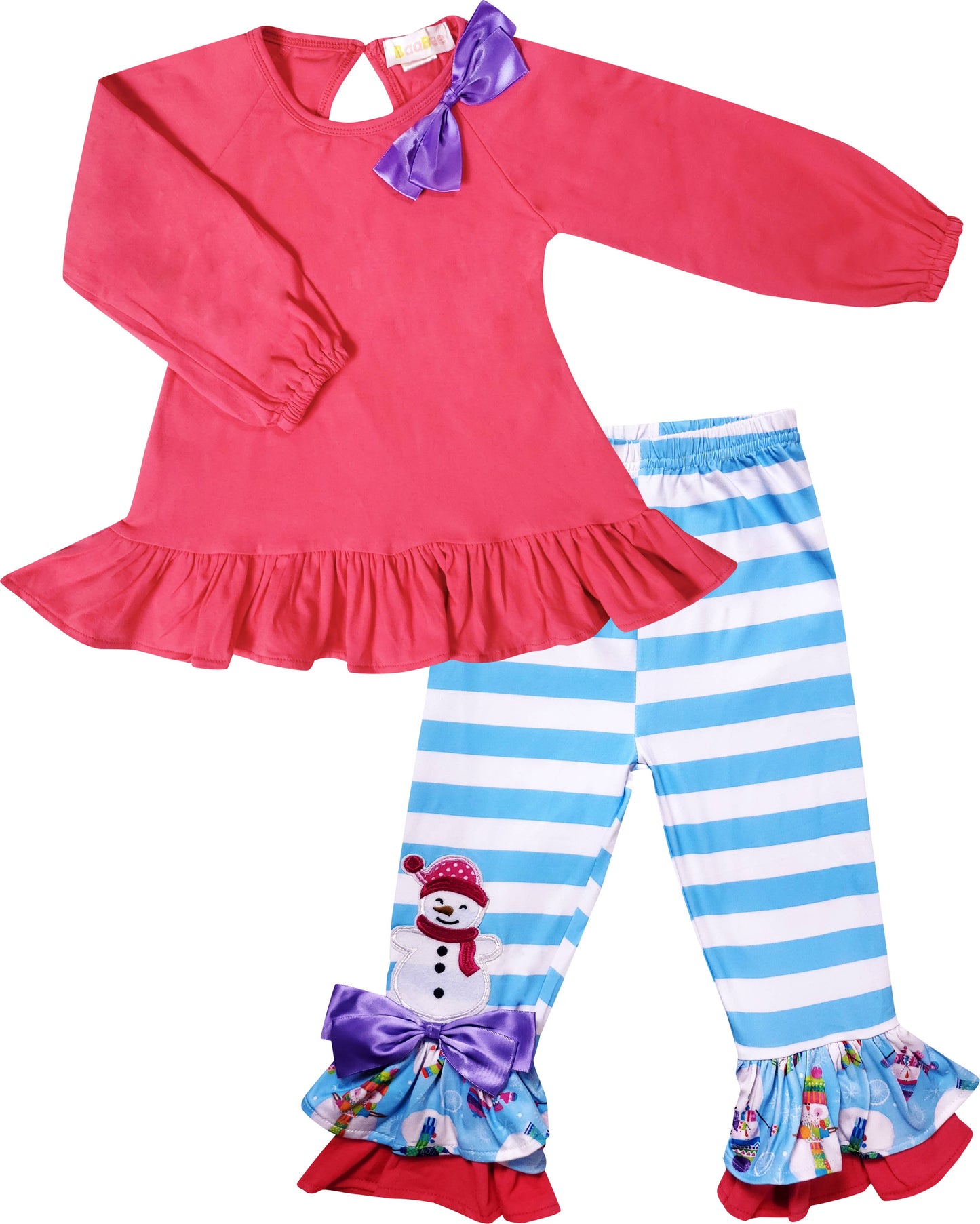 Girls Christmas Snowman Top & Pants Set - Blue Stripe