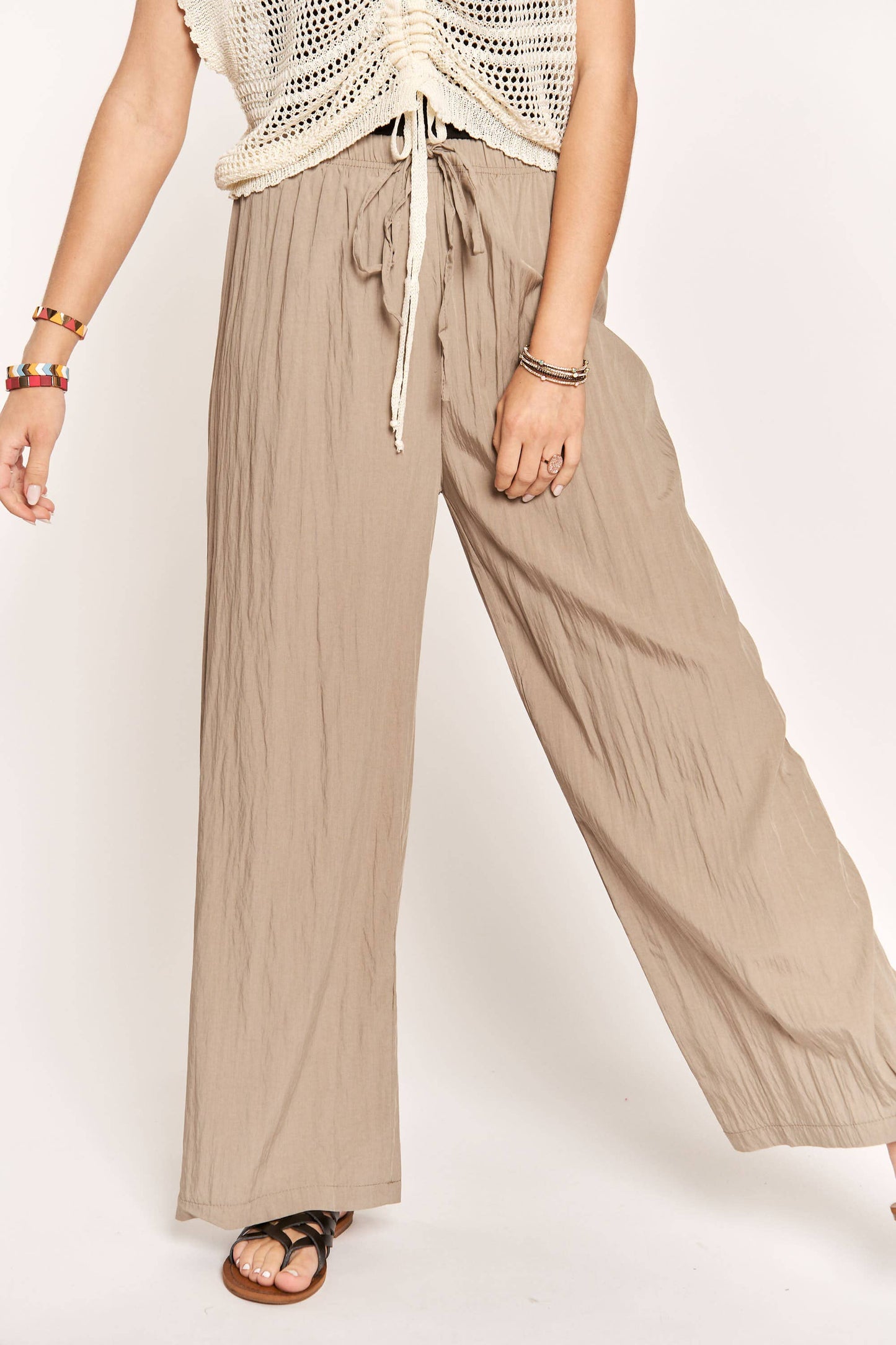 WAIST TIE CRINKLE FLOWY PANTS - Dark Khaki