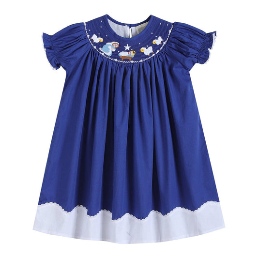 Christmas Nativity Smocked Bishop Dress - Royal Blue